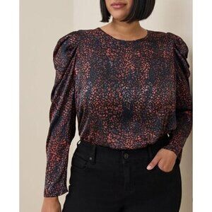 Torrid Top Womens 3X Black Leopard Satin Long Puffy Tapered Sleeve Keyhole Back